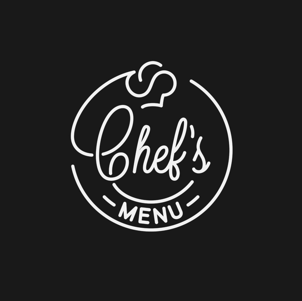 Chefs menu logo. Round linear logo of chef hat on black background 8 eps